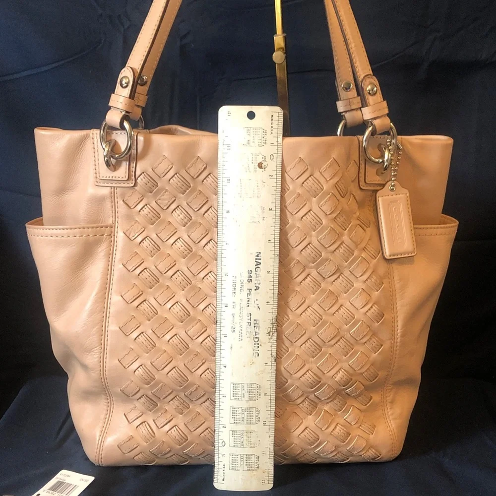 Coach woven leather tote bag EUC 12” x 12” palest pink tan color Rare
